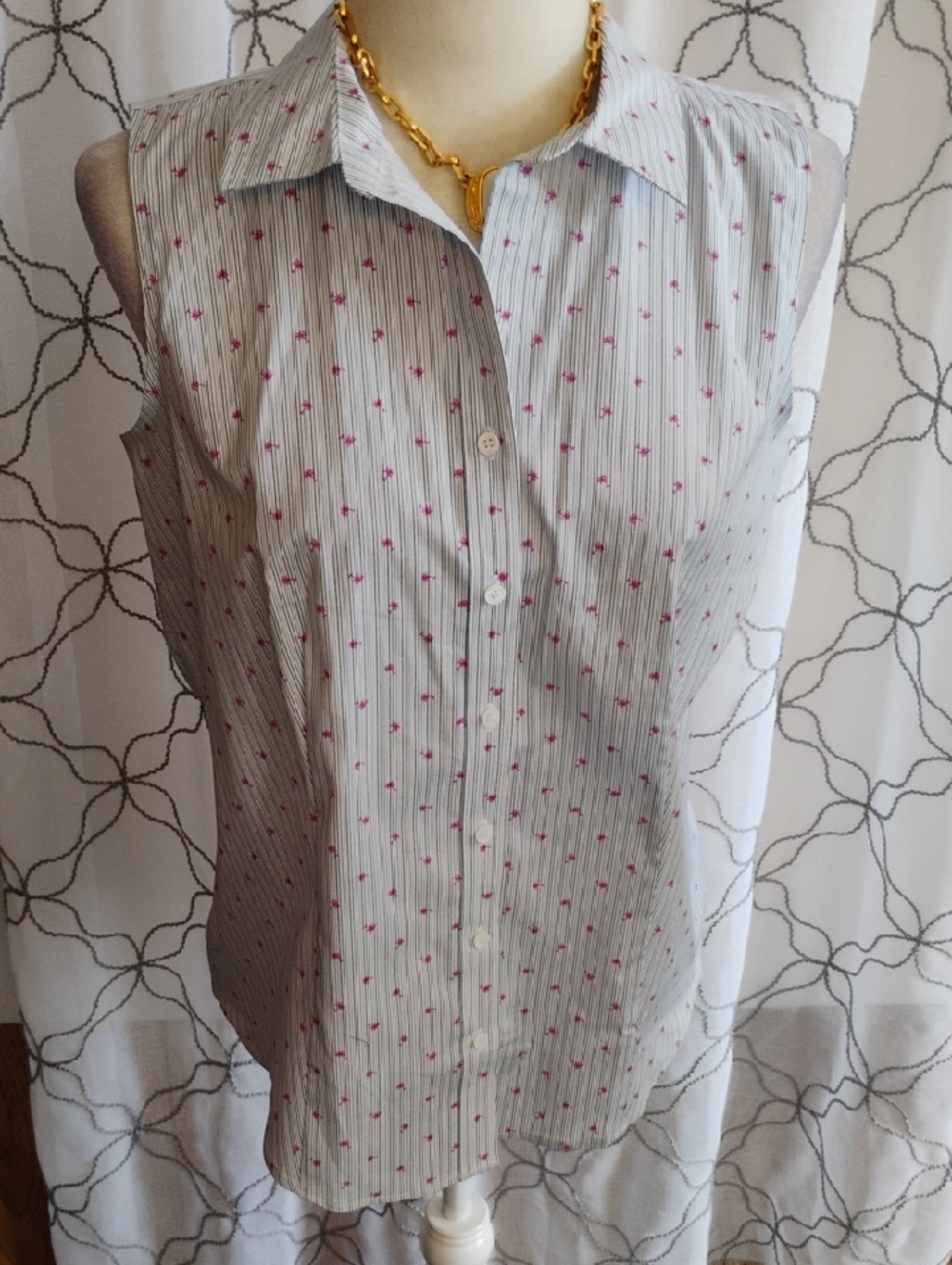 Talbots Sleeveless Button-Down Blouse with Pink Dot Accent